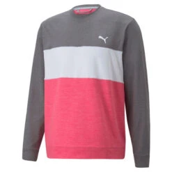 PUMA Golf PUMA Men's CLOUDSPUN ColourCrewneck Golf Midlayer -Best Golf Shop 410769 QuietShade SunsetPink PUMA Golf Mens CLOUDSPUN Colourblock Crewneck Midlayer 1